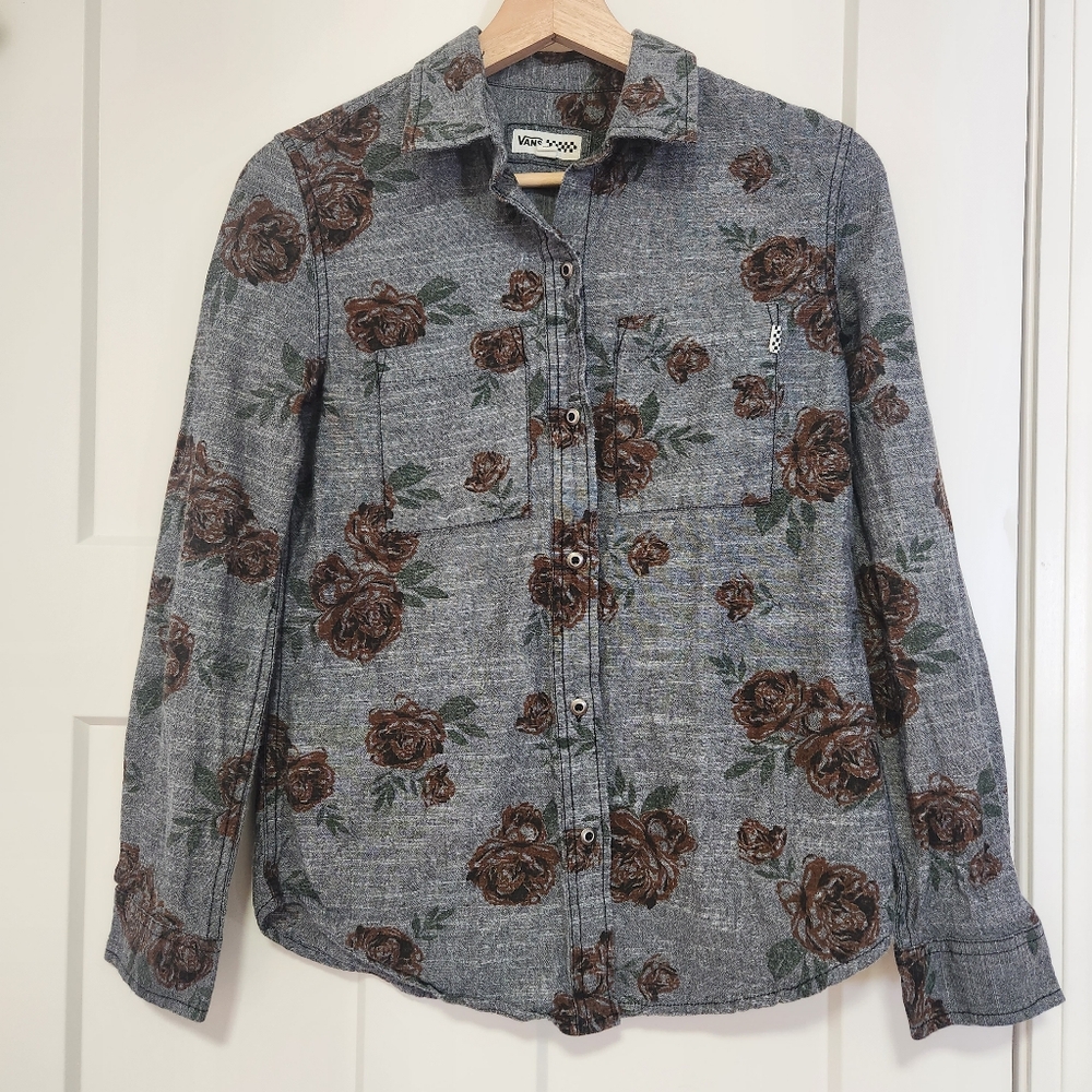 Vans Rose Denim Button Up Shirt Women's Small Grey Streetwear Layering